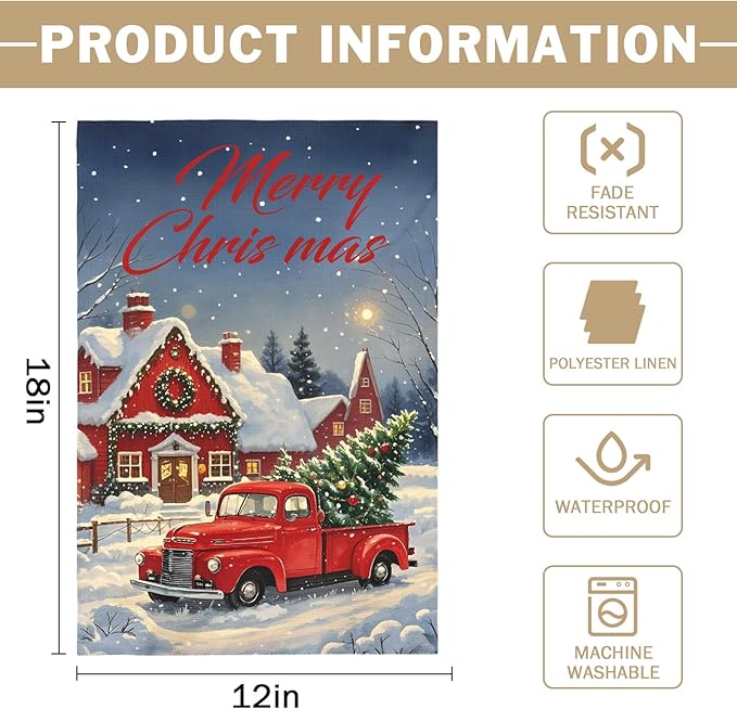 Merry Christmas Garden Flag 12x18 Inch Red Truck House Xmas Winter Holiday Seasonal Theme Decorative Yard Flags for Outside Double Sided Outdoor Home Farmhouse Decoration Porch Decor