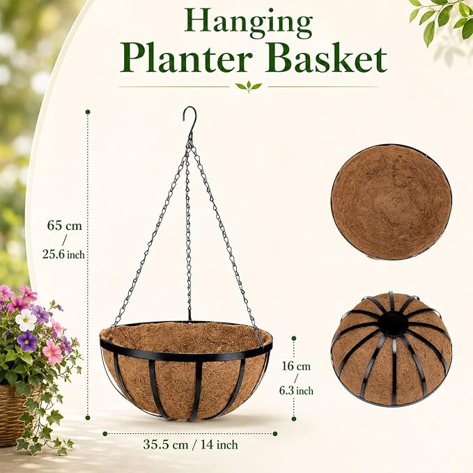 Didaey 8 Pcs Metal Hanging Basket with Coconut Coir Liner Hanging Flower Basket with Chain Indoor Outdoor Plant Flower Pot 14 Inch Round Wire Plant Holder for Garden, Patio, Deck, Porch Garden Decor