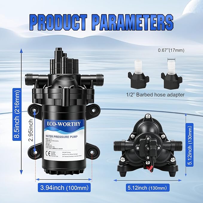 ECO-WORTHY RV Water Pump 12Volt 3.5GPM 50PSI 12V Fresh Diaphragm Pump with Pressure Switch and Self-Priming for RV Yacht Garden Sprayer Food Truck