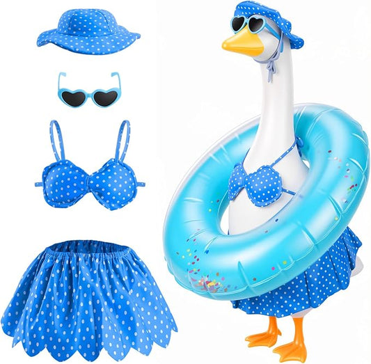 Summer Porch Goose Outfit with Sunglasses and Swim Ring, Hawaiian Bikini 23 inch Porch Goose Costume Clothing for Patio Yard