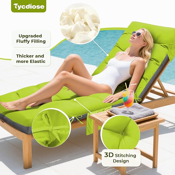 Outdoor Lounge Chair Cushion, Waterproof Thickened Chaise Lounge Cushions for Outdoor Furniture 71 x 22 x 4.7 Inches Non-Slip Patio Pool Lounge Chair Cushions with Ties (Light Green)