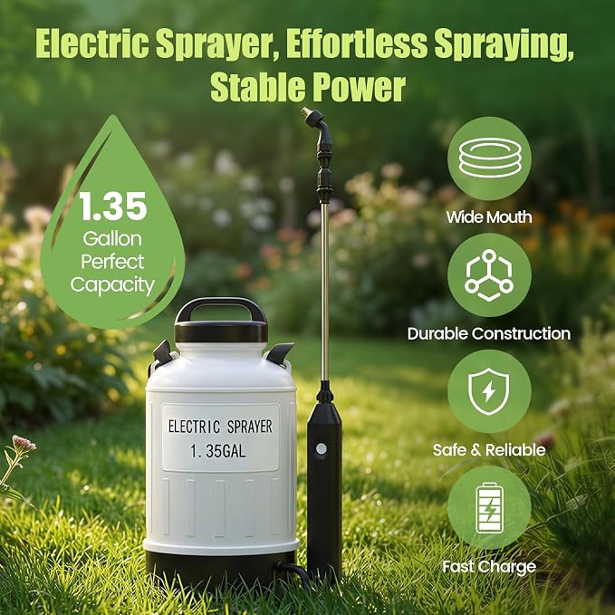 Battery Powered Sprayer 1.35 Gallon, Wide Mouth Electric Pump Sprayer with Upgraded Elevated Base and Thickened Anti-Abrasion Tank, Kink Proof Hose, Retractable Wand, 3 Nozzles Lawn and Garden