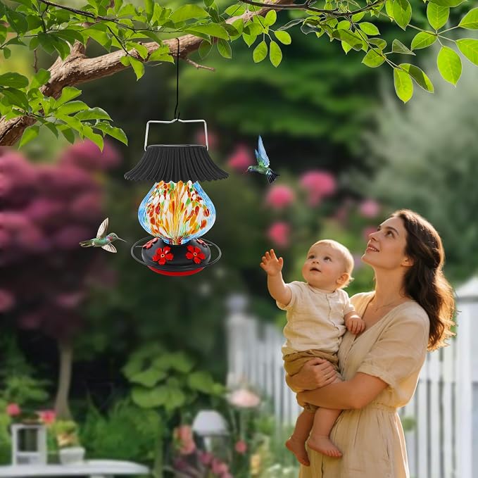 Solar Hummingbird Feeder-5 Feeding Ports with Perch, Hand Blown Glass Blue Spark Color Changing-Never Leak, Multicolor Night Lights – Perfect Hummingbird Feeder for Outdoors for Nature Enthusiasts