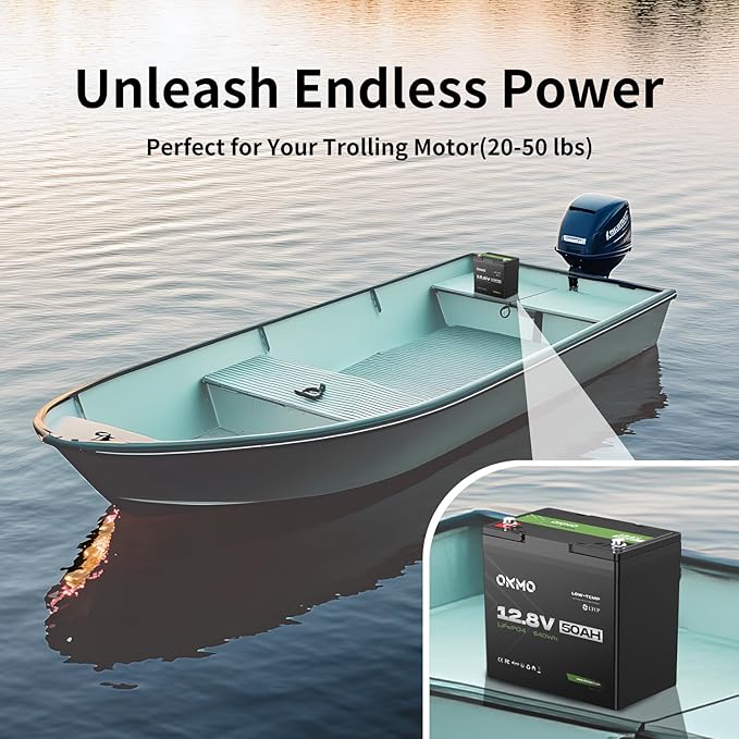 OKMO 12V 50Ah Trolling Motor LiFePO4 Lithium Battery Mini, 10 Years lifetime 8000+ Deep Cycles, for 30~50lb Kayak,Marine Motor,Boat,Camper, Power Wheels Toys, Iron Phosphate