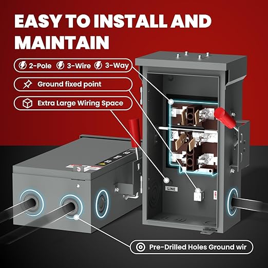 200A Generator Transfer Switch for Home Generator, 48000W Manual Double-Throw Disconnect Switch, 120/240-Volt, NEMA 3R with Wiring Lugs, Indoor/Outdoor (200A 2P Grey)