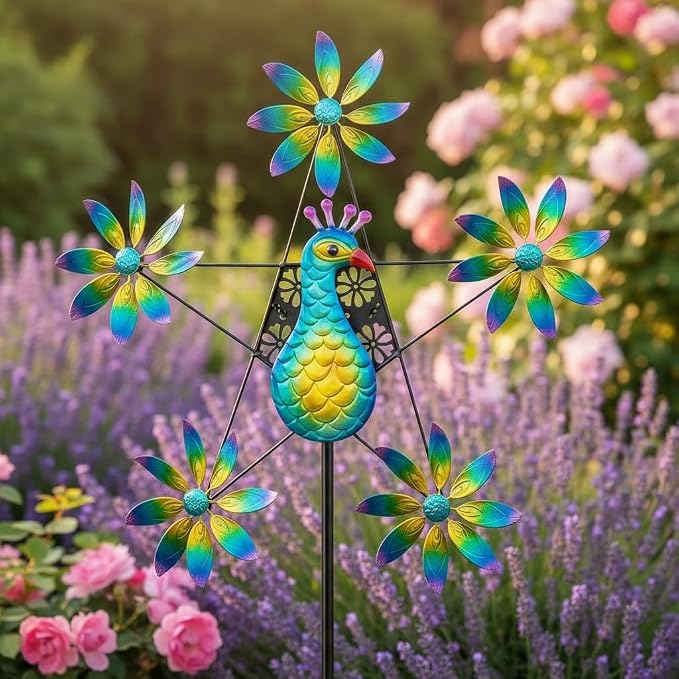 Peacock Wind Spinner with Colorful Flowers, 24.4" D*74" H Large Garden Wind Sculpture, Metal Peacock Decor Kinetic Sculpture for Garden Yard Patio
