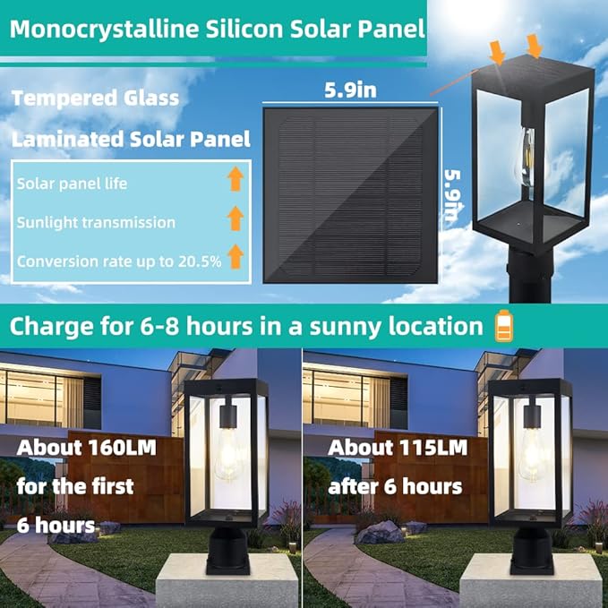 Solar Lamp Post Light Outdoor Waterproof，Solar Outdoor Post Light with 3.5in Pier Mount Base，Matte Black