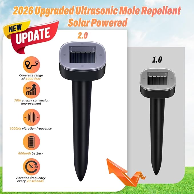 4 Pack Mole Repellent Solar Powered, Snake & Skunk & Vole & Gopher & Armadillo & Rabbit & Groundhog & Chipmunk & Raccoon Repellent for Yard, IP65 Waterproof Ultrasonic Deterrent for Lawns Garden
