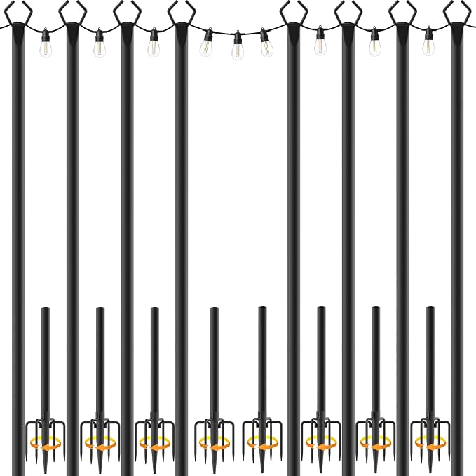 Mutovlin 8 Pack String Light Poles,10 Ft Light Poles for Outside String Lights,Outdoor Lights Pole with Fork,Metal Poles Stand for Patio Deck Backyard