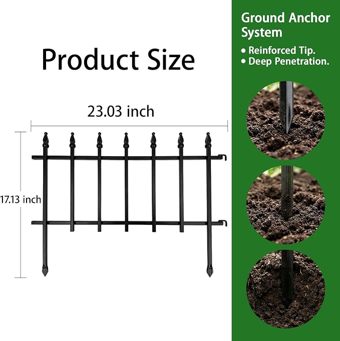 5-Pack Garden Border Fence, 23" W x 17" H Metal Landscape Edging (5 Panels,Total Length 9.5ft),Landscape Fencing,Metal Border Folding Fence for Flower Bed, Yard, Animal Barrier-Black