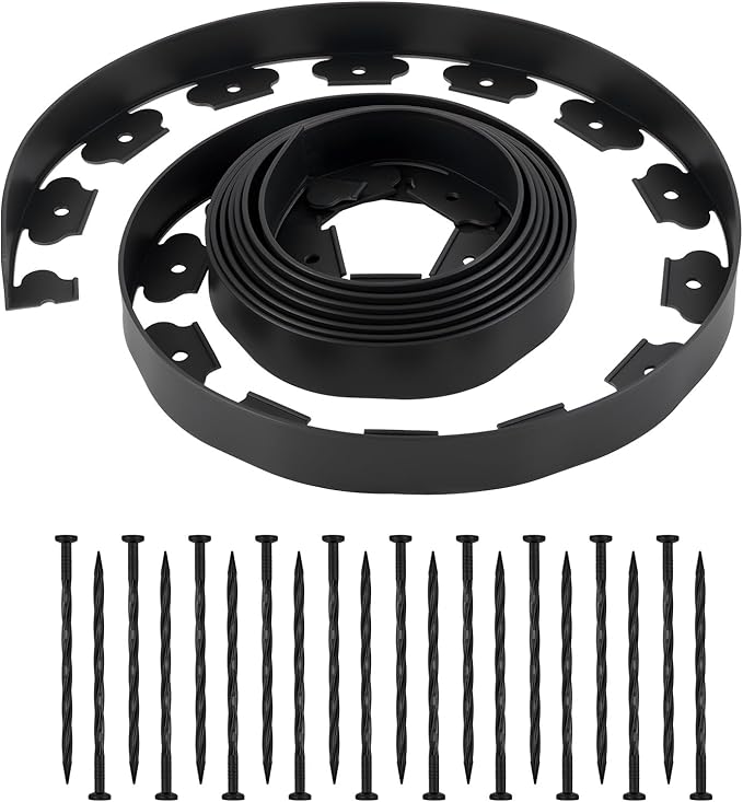 VEVOR Landscape Edging, 20 ft x 2 in Plastic Garden Border Edging with 20 Spikes, No Dig, Flexible Lawn Edgings Roll, UV-Resistant Mini Fence Borders Pathway Edgings for Flower Beds Yard Paver