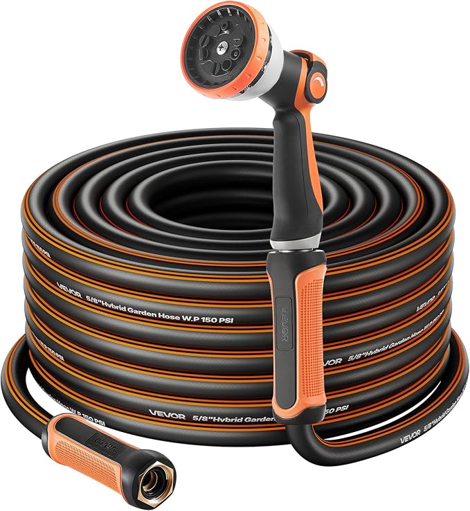VEVOR Garden Hose, 200 ft 5/8" Heavy Duty Rubber Water Hose with 10 Mode Nozzle, 150PSI Working & 600PSI Burst, Flexible & Non-kink Outdoor Waterhose with 3/4" Fitting, Lightweight Hoses for Gardening