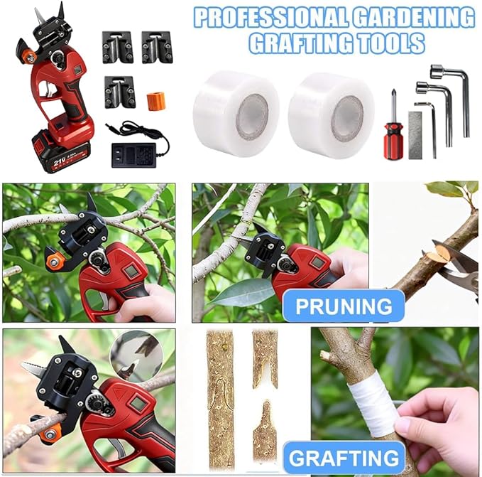 Electric Pruning Shears Cordless 2-in-1 Grafting Tool Kit, 3 Replaceable Cut Blades (Ω/U/V), 2×2000mAh Batteries, LCD Display Power Grafting Tool for Tree Branch Garden (grafting & shear)