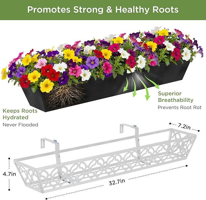 Y&M 2Pcs 36'' Railing Planter Box Set with Adjustable Brackets, Large Hanging Window Boxes for Fence, Deck, Balcony, and Garden, Gray Metal Frame with Black Nonwoven Fabric Liner