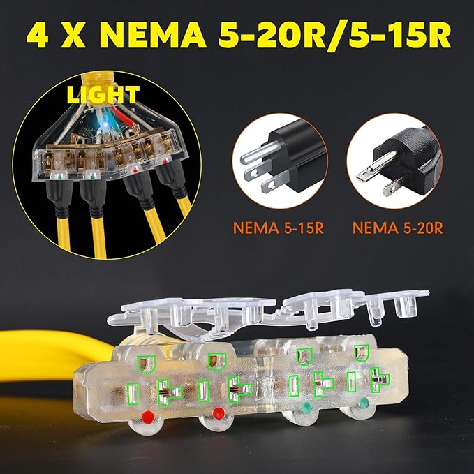 Tellegloww 10 FT Flat RV Generator Adapter Cord NEMA 14-50P to 4 X 5-20R/5-15R, 50A to 110V 15/20 A Household Outlet Adapter, 4 Prong 10 Gauge RV Generator Extension Cord, ETL Listed, Yellow