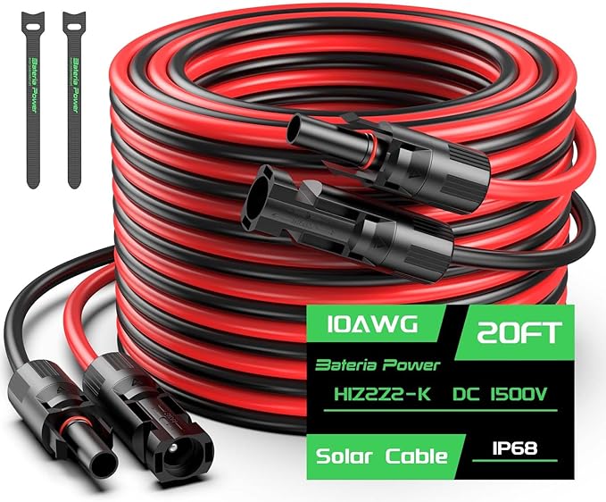 20FT 10AWG Solar Panel Extension Cable, Bateria Power 6mm² Solar Extension Cable Wire with Female & Male Waterproof Connectors for RV, Photovoltaic Systems, Set of 2