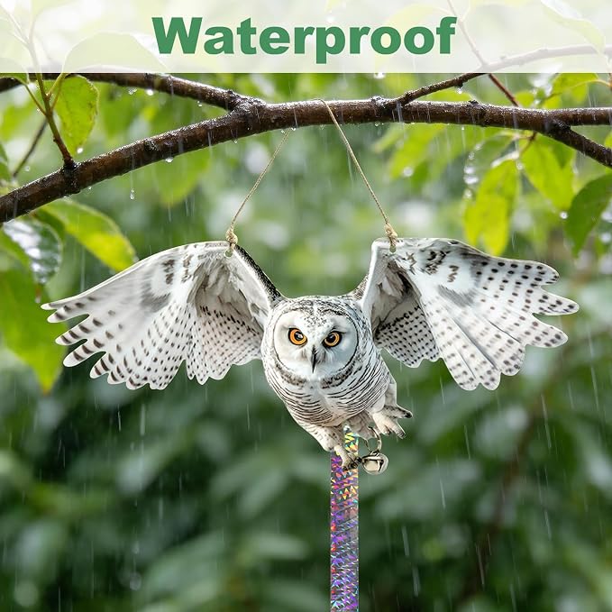 Flat Plastic Owl Scarer Hanging Device, 3 Pack Dual-Side Printed Owl with Reflective Tape and Bell for Garden Patio Farm Yard Window Porch, Outdoor Pigeon Woodpecker Scare Decoration, Not 3D
