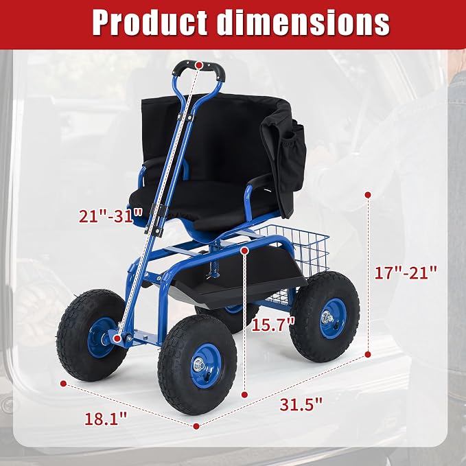 Garden Cart Rolling Workseat with Wheels, 360° Swivel Gardening Stool, Extendable Steering Handle & Utility Tool Tray, 10-Inch Inflatable Tires, Reinforced Steel Construction for Patio, Yard, Outdoor