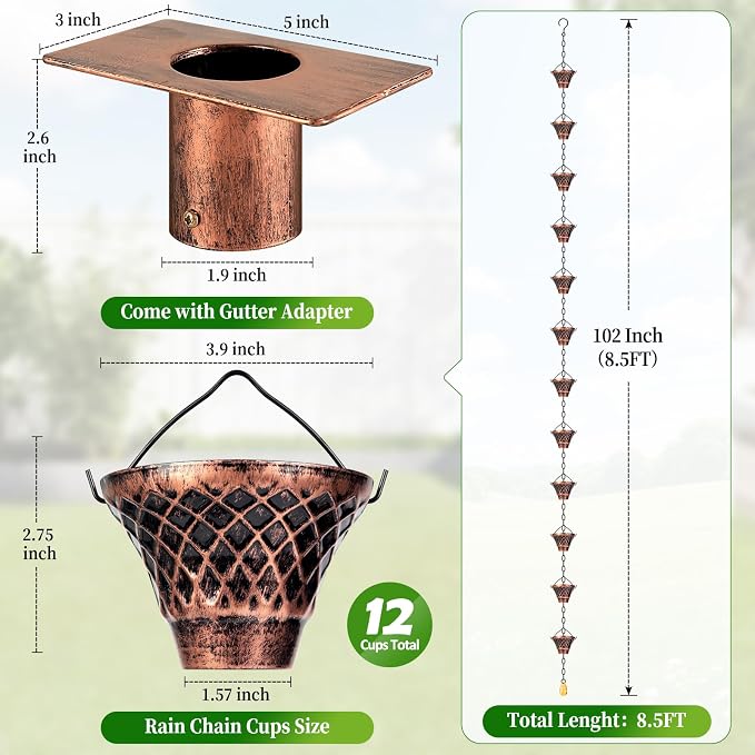 Rain Chains for Gutters Outside 8.5FT Copper Rain Catcher Chain with Adapter 12 Cups Decorative Replacement for Downspout