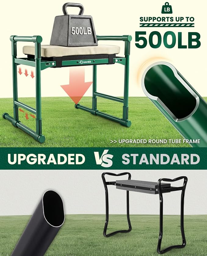 Saker 2026 Upgraded Garden Kneeler and Seat - Gardening Bench Gardening Stool with 500LB Heavy Duty Round-Tube Frame, Soft Kneeling Pad Foldable Support for Elderly, Gardening (Luxury Version)