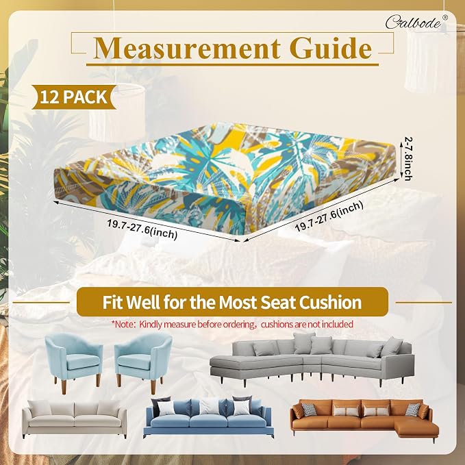 CALBODE 12pcs Outdoor Tropical Plant Printed Sofa Seat Cushion Covers Strechable, Dustproof Elastic Half-Covered Sofa Covers Washable Reusable Patio Furniture Protector（Blue and Yellow, Cover Only）