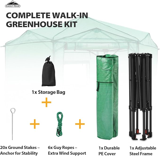 EAGLE PEAK 6.6x6.6 Portable Walk in Greenhouse, Pop Up Indoor Outdoor Greenhouse, Green House Kit with Zippered Roll-Up Doors and Windows, Hexagon Design, PE Cover, Clear/Green