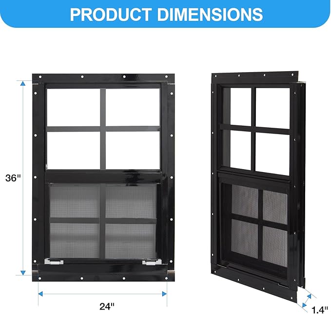 NeatiEase Upgraded Shed Windows 2 Pack, 24" x 36" Windows with Tempered Glass and Stainless Steel Screen for Shed, Chicken Coop, Playhouse, Household, Garage(Black)
