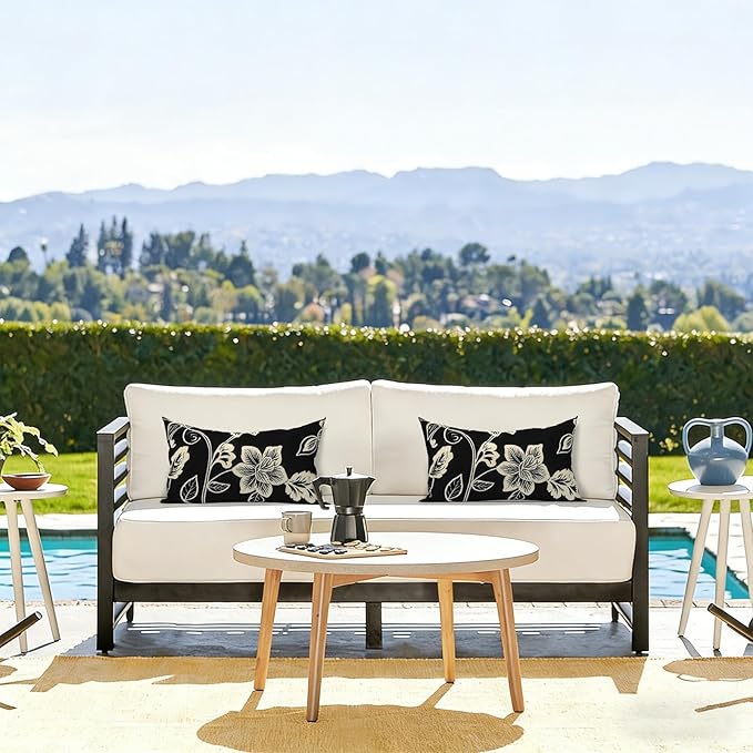 LVTLVTXIII 12×20 Inch Outdoor Lumbar Pillows, Pack of 2 Water Repellent Lumbar Pillow with Inserts, Fluffy Decorative Garden Lumbar Cushions for Home Patio Coach Sofa Use, Elegant Vines Black