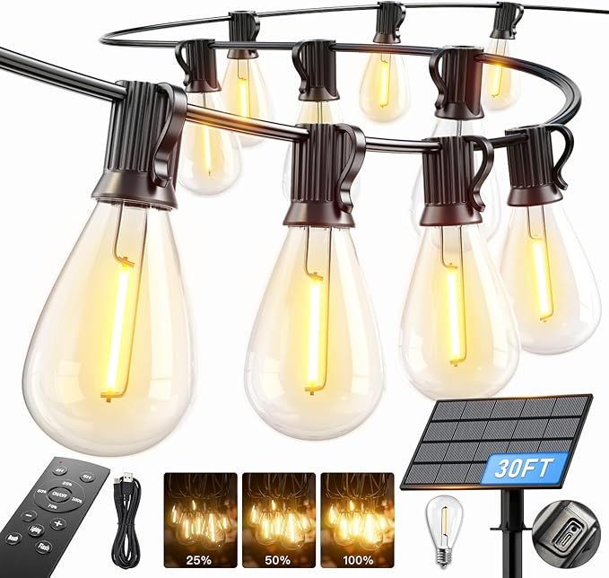 30FT Solar String Lights Outdoor Waterproof, 10+1 LED Solar Powered Lights with Remote Control, 3 Light Modes & Dimmable, USB-C Charging for Patio, Backyard, Garden, Camping