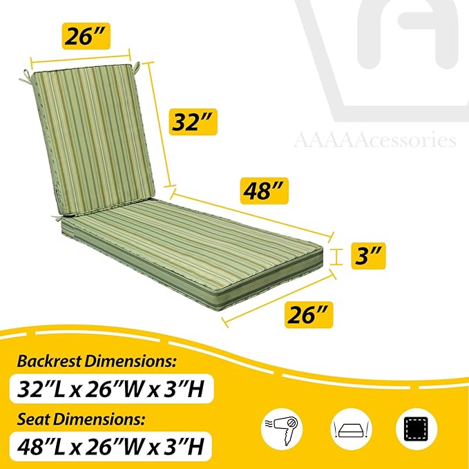 AAAAAcessories Outdoor Chaise Lounge Cushions, Fade-Resistant, Waterproof Patio Furniture Replacement Cushions, 80" x 26" x 3", Set of 2, Mossy Forest Stripe