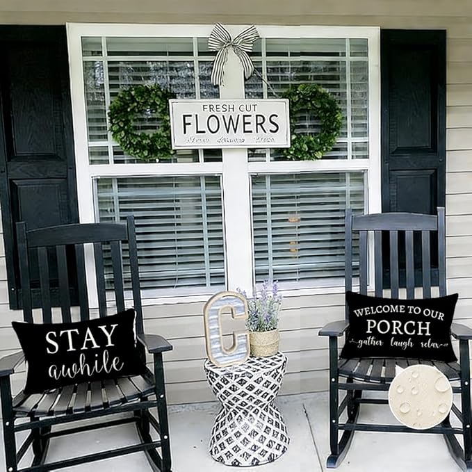 RABUSOFA Welcome to Our Porch Decor Outdoor Pillow Covers Waterproof,12x20 Set of 2 Black and Cream Stay Awhile Relax Lumbar Cushion Case Decorations for Patio Couch (Black)
