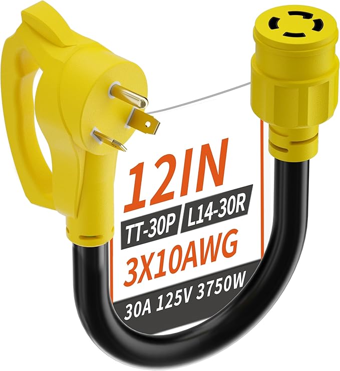PlugSaf 3 Prong 30 Amp RV Generator Adapter Cord, NEMA TT-30 Male Plug to NEMA L14-30 Twist Lock Female Plug, 12 Inch(1 FT) 10 Gauge STW Power Cord, Max 30 Amp 125V/250V, Yellow, ETL Listed