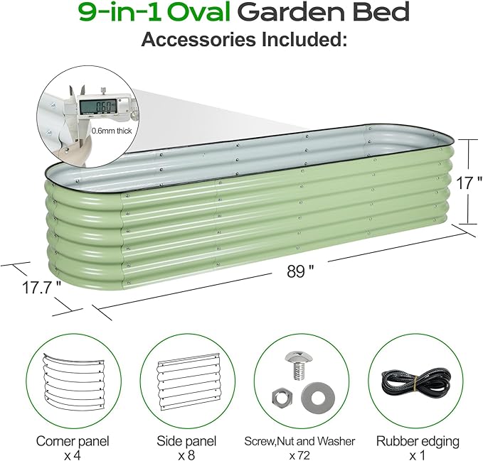 Aoodor 9-in-1 Modular Aluzinc Metal Raised Garden Bed, 89" L x 17.7" W x 17" H, Outdoor Planter Box for Vegetables, Flowers, and Herbs, Olive Green