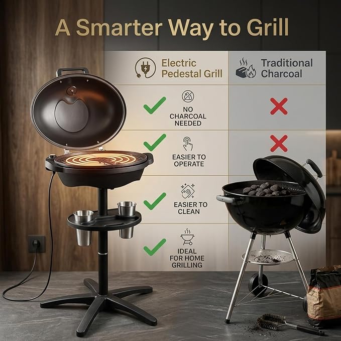Artestia 1800W Electric Grill, Indoor Outdoor BBQ Grill with Stand, Adjustable Temperature Control, Portable Tabletop Grill for Patio, Balcony & Backyard