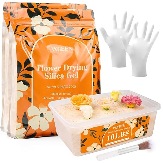 VOISEN Silica Gel Flower Drying, 10LBS Silica Gel for Drying Flowers,Color Indicating Flower Preservation Kit Contains Flowers Desiccant, Brush, Gloves, Plastic Box