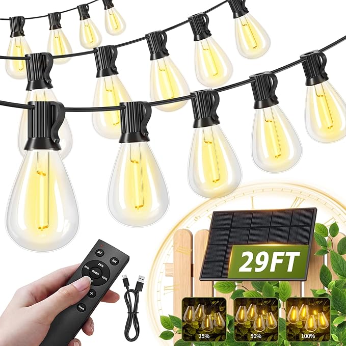 29FT Solar String Lights Outdoor Waterproof 10+1 LED Bulbs, Solar Powered with Remote & USB Port, 3 Light Modes Dimmable Patio Lights for Large Backyard, Garden, Party