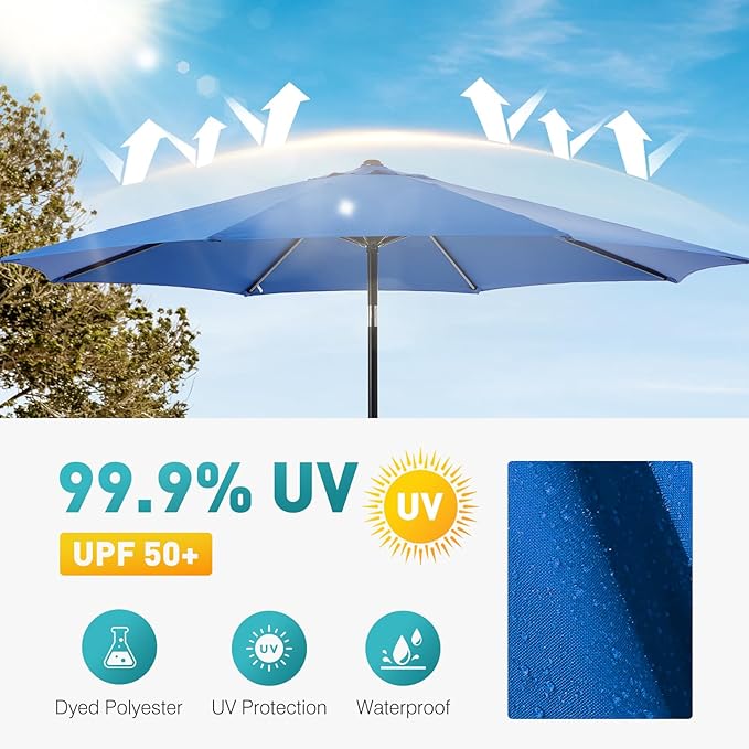 OLIXIS 9FT Patio Table Umbrella with Tilt and Crank Button & 8 Sturdy Ribs Waterproof, 9 Feet Outdoor Patio Umbrella Sun Shade for Poolside, Terrace, Beach and Restaurant, Blue