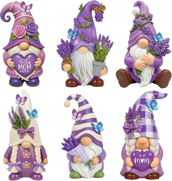Simgoing 6 Pcs Mother's Day Gnomes Resin Purple Lavender Figurines Best Mom Ever Lavender Gnomes Statues Table Decor Gift for Mom Spring Home Tabletop Centerpieces Mothers Day Tiered Tray Decoration