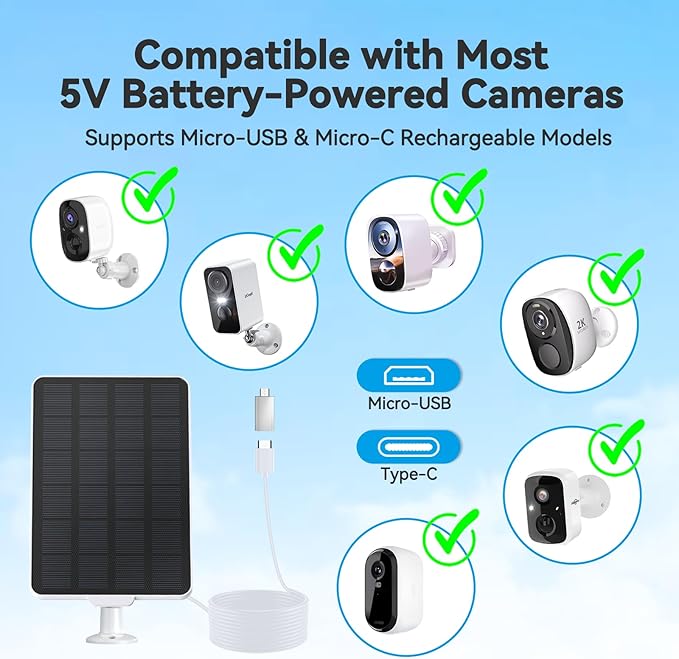3W Solar Panel for Battery-Powered Security Cameras,USB-C & Micro USB Solar Charger for Wireless Outdoor Cameras,IP65 Waterproof, 9.8ft Cable, 360° Adjustable Mount (White, 2 Pack)