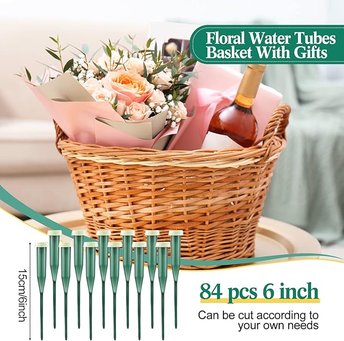 144 Pcs Floral Water Tubes Green Floral Tubes Plastic Flower Tubes for Fresh Flowers with Rubber Cap for Flower Stem Arrangements Supplies, 2 Size (12 Inch, 6 Inch)