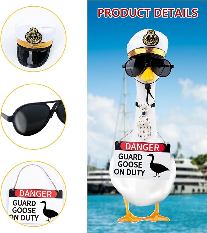 CAMDUCK 4 Pcs Porch Goose Accessories Porch Geese Sign Goose Navy Hat Eyeglasses Necktie Wooden Danger Guard Goose on Duty Warning Sign Geese Outfits Decor for Yard Porch Lawn