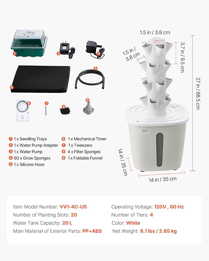 VEVOR Hydroponic Tower, 20 Pods 4 Tiers Hydroponics Growing System Kit, Vertical Home Hydronic Garden with 20L Water Tank & Pump, Planter Plants Germination Kit for Indoor Herbs, Fruits, Vegetables