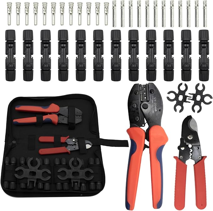 Solar Crimping Tool Kit, c/w 12 Pairs Solar Connectors, 2 PCS Spanner Wrenches，1 PCS Iron Wire Cable Cutter，Solar Connector Crimper