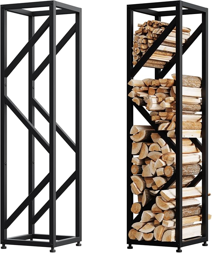Firewood Rack Indoor 47 Inch Tall, 4-Tier Heavy-Duty Firewood Holder for Fireplace with Minimalist Style, Decorative Log Rack, Flexible Storage, Space-Saving, Easy Assembly, Black