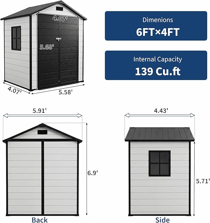Resin Outdoor Storage Sheds 4x6 ft, Upgraded Double-Wall Outdoor Plastic Shed with Window & Double Doors, Waterproof Lockable Garden Shed (Grayish White + Black, 6 X 4 ft)