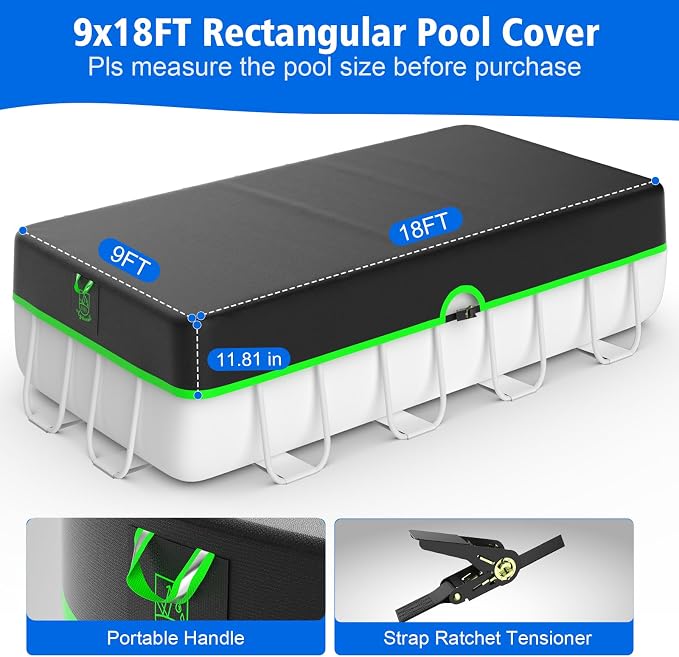 9x18 ft Rectangular Pool Cover for Above Ground Pools, 420D Rectangle Solar Pool Cover with Sturdy Strap Tensioner & Reflective Handles, Enhance Windproof, Tear & UV Resistant, Weather Protection