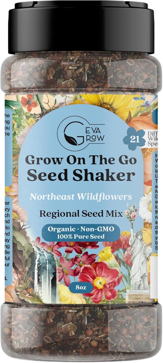 on the Go Regional Wildflower Seed Shaker - Northeast USA Wildflowers - 100% Pure Seed - Organic, Non-GMO - 21 Wildflower Variety Seeds of Annual & Perennial, 8oz