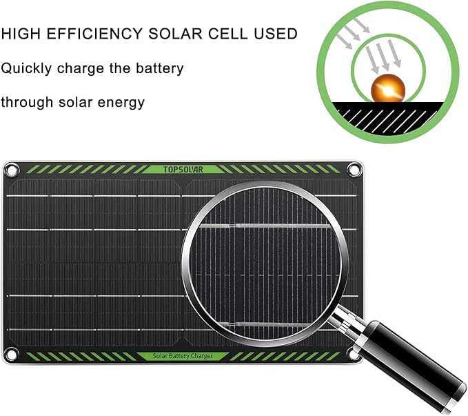 Topsolar 10 Watt 12 Volt Solar Trickle Charger 10W 12V Solar Panel Car Battery Charger Portable Solar Battery Maintainer for Car Motorcycle Boat Marine RV + Cigarette Lighter Plug Alligator Clip
