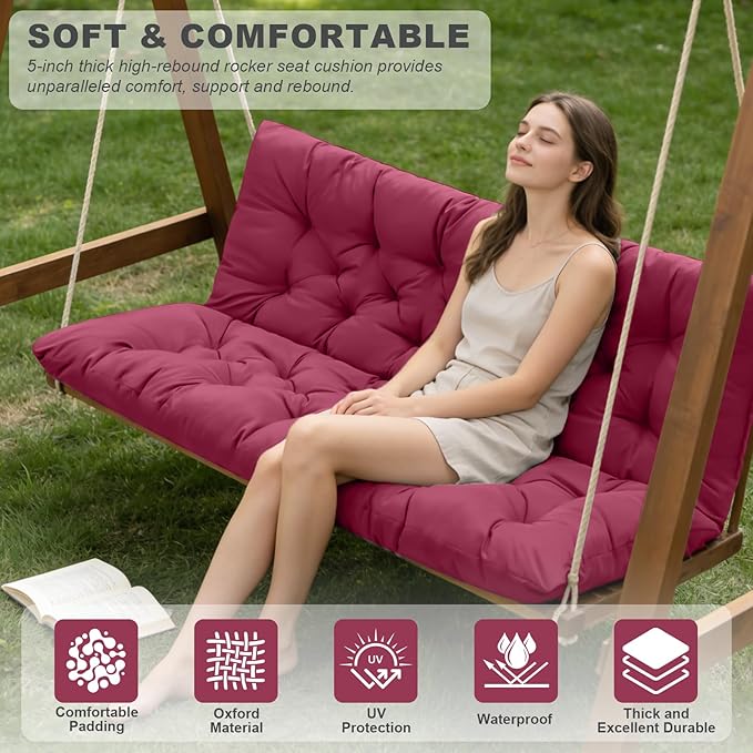 Porch Swing Cushions,Outdoor Cushions 3 Seater Replacement with Backrest, Waterproof Thickened Bench Cushion with Ties for Porch, Patio,Outdoor, Backyard and Garden (Wine Red 40 * 40 in)