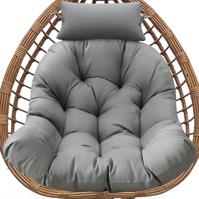 Waterproof Egg Chair Cushion Replacement, 47x33x7 Inches Thicken Outdoor Hanging Chair Cushion with Headrest Pillow, Cushions for Egg Chairs, Gray